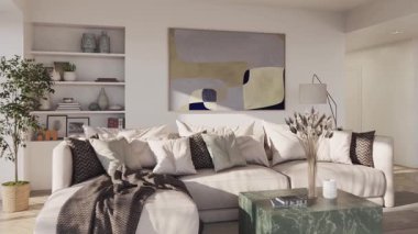 Minimalist mobilyalar, yumuşak doğal ışıklandırma, zarif mimari ayrıntılar, şık ev dekorasyonu unsurları, rahat dokular ve çağdaş yaşam tarzı için açık alan düzeni içeren parlak ve ferah bir oturma odası içeren yüksek kaliteli bir modern iç mekan videosu.