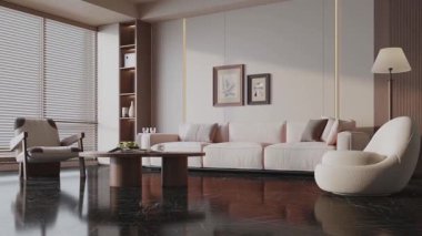 Minimalist mobilyalar, yumuşak doğal ışıklandırma, zarif mimari ayrıntılar, şık ev dekorasyonu unsurları, rahat dokular ve çağdaş yaşam tarzı için açık alan düzeni içeren parlak ve ferah bir oturma odası içeren yüksek kaliteli bir modern iç mekan videosu.