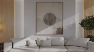 Minimalist mobilyalar, yumuşak doğal ışıklandırma, zarif mimari ayrıntılar, şık ev dekorasyonu unsurları, rahat dokular ve çağdaş yaşam tarzı için açık alan düzeni içeren parlak ve ferah bir oturma odası içeren yüksek kaliteli bir modern iç mekan videosu.