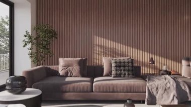 Minimalist mobilyalar, yumuşak doğal ışıklandırma, zarif mimari ayrıntılar, şık ev dekorasyonu unsurları, rahat dokular ve çağdaş yaşam tarzı için açık alan düzeni içeren parlak ve ferah bir oturma odası içeren yüksek kaliteli bir modern iç mekan videosu.