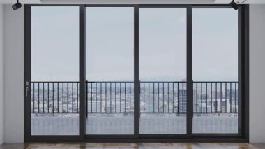 Minimalist mobilyalar, yumuşak doğal ışıklandırma, zarif mimari ayrıntılar, şık ev dekorasyonu unsurları, rahat dokular ve çağdaş yaşam tarzı için açık alan düzeni içeren parlak ve ferah bir oturma odası içeren yüksek kaliteli bir modern iç mekan videosu.