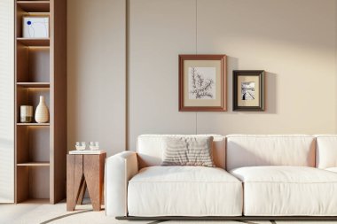 Büyük lüks, modern, parlak iç mekan. Oturma odası tasviri 3D canlandırma.