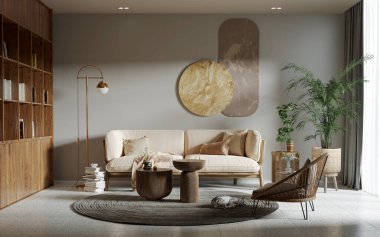 Büyük lüks, modern, parlak iç mekan. Oturma odası tasviri 3D canlandırma.