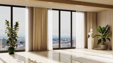 Büyük lüks, modern, parlak iç mekan. Oturma odası tasviri 3D canlandırma.