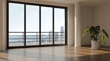 Büyük lüks, modern, parlak iç mekan. Oturma odası tasviri 3D canlandırma.