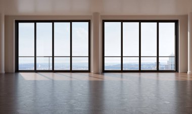 Büyük lüks, modern, parlak iç mekan. Oturma odası tasviri 3D canlandırma.