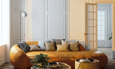 Büyük lüks, modern, parlak iç mekan. Oturma odası tasviri 3D canlandırma.