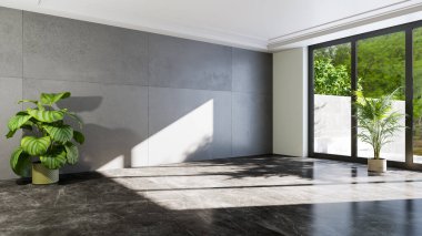 Büyük lüks, modern, parlak iç mekan. Oturma odası tasviri 3D canlandırma.