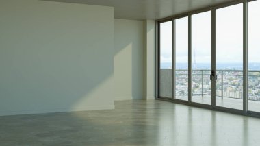 Büyük lüks, modern, parlak iç mekan. Oturma odası tasviri 3D canlandırma.