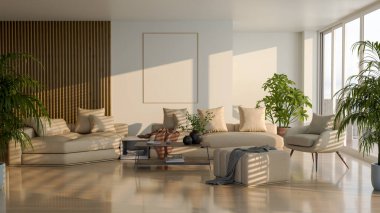 Büyük lüks, modern, parlak iç mekan. Oturma odası tasviri 3D canlandırma.