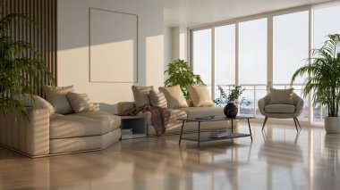 Büyük lüks, modern, parlak iç mekan. Oturma odası tasviri 3D canlandırma.