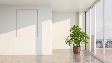 Büyük lüks, modern, parlak iç mekan. Oturma odası tasviri 3D canlandırma.