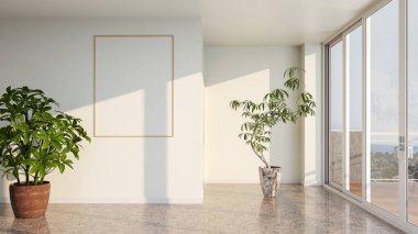 Büyük lüks, modern, parlak iç mekan. Oturma odası tasviri 3D canlandırma.