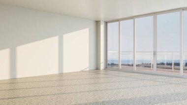 Büyük lüks, modern, parlak iç mekan. Oturma odası tasviri 3D canlandırma.