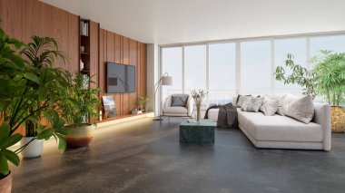 Büyük lüks, modern, parlak iç mekan. Oturma odası tasviri 3D canlandırma.