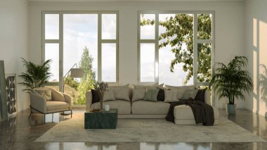 Büyük lüks, modern, parlak iç mekan. Oturma odası tasviri 3D canlandırma.