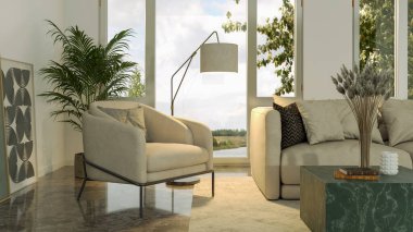 Büyük lüks, modern, parlak iç mekan. Oturma odası tasviri 3D canlandırma.