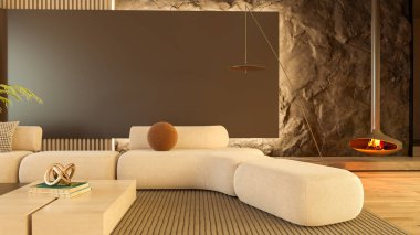 Büyük lüks, modern, parlak iç mekan. Oturma odası tasviri 3D canlandırma.