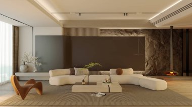Büyük lüks, modern, parlak iç mekan. Oturma odası tasviri 3D canlandırma.