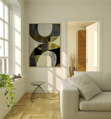 Büyük lüks, modern, parlak iç mekan. Oturma odası tasviri 3D canlandırma.