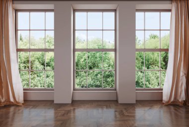 Büyük lüks, modern, parlak iç mekanlar. Oturma odası tasviri. 3D görüntüleme.