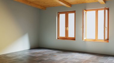 Büyük lüks, modern, parlak iç mekanlar. Oturma odası tasviri. 3D görüntüleme.