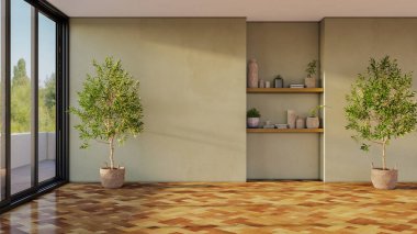 Büyük lüks, modern, parlak iç mekanlar. Oturma odası tasviri. 3D görüntüleme.