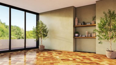 Büyük lüks, modern, parlak iç mekanlar. Oturma odası tasviri. 3D görüntüleme.