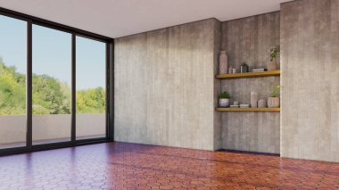 Büyük lüks, modern, parlak iç mekanlar. Oturma odası tasviri. 3D görüntüleme.