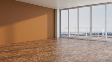 Büyük lüks, modern, parlak iç mekanlar. Oturma odası tasviri. 3D görüntüleme.