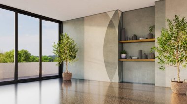 Büyük lüks, modern, parlak iç mekanlar. Oturma odası tasviri. 3D görüntüleme.