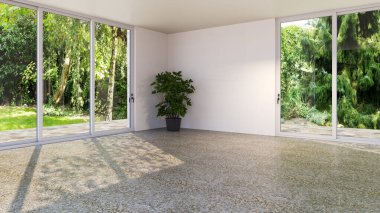 Büyük lüks, modern, parlak iç mekanlar. Oturma odası tasviri. 3D görüntüleme.