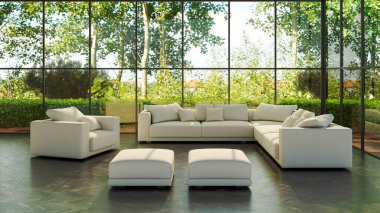 Büyük lüks, modern, parlak iç mekanlar. Oturma odası tasviri. 3D görüntüleme.