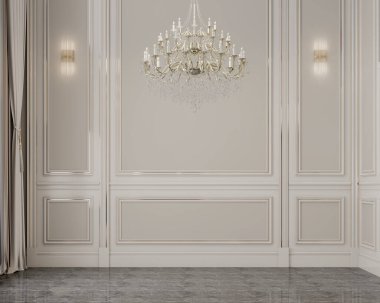 Büyük lüks, modern, parlak iç mekanlar. Oturma odası tasviri. 3D görüntüleme.