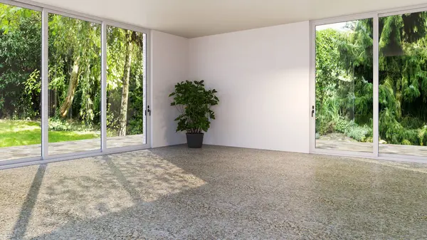 Büyük lüks, modern, parlak iç mekanlar. Oturma odası tasviri. 3D görüntüleme.