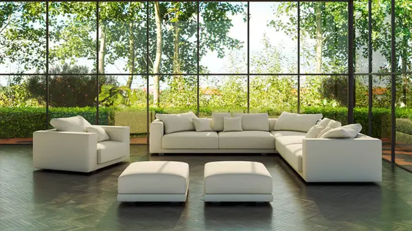 Büyük lüks, modern, parlak iç mekanlar. Oturma odası tasviri. 3D görüntüleme.