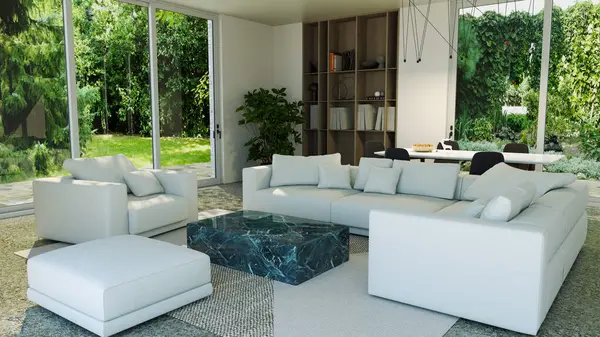 Büyük lüks, modern, parlak iç mekanlar. Oturma odası tasviri. 3D görüntüleme.