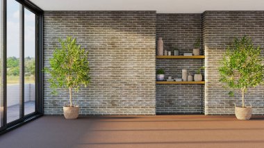 Büyük lüks, modern, parlak iç mekan. Oturma odası tasviri 3D canlandırma.