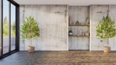 Büyük lüks, modern, parlak iç mekan. Oturma odası tasviri 3D canlandırma.