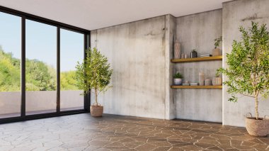 Büyük lüks, modern, parlak iç mekan. Oturma odası tasviri 3D canlandırma.