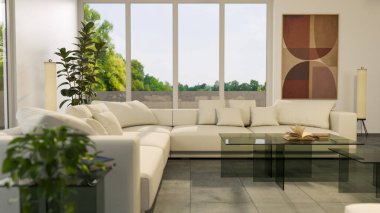 Büyük lüks, modern, parlak iç mekan. Oturma odası tasviri 3D canlandırma.