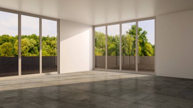 Büyük lüks, modern, parlak iç mekan. Oturma odası tasviri 3D canlandırma.