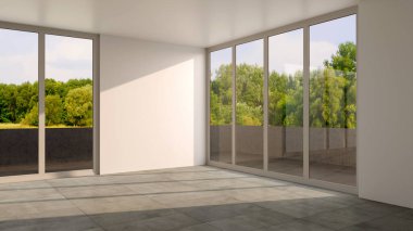 Büyük lüks, modern, parlak iç mekan. Oturma odası tasviri 3D canlandırma.