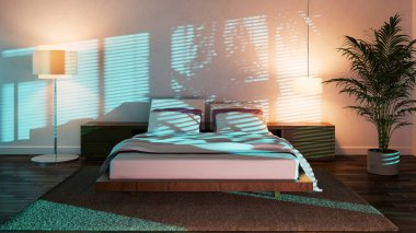 Büyük lüks, modern, parlak yatak odası 3 boyutlu resimleme.