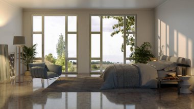 Büyük lüks, modern, parlak yatak odası 3 boyutlu resimleme.