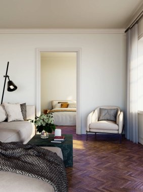 Büyük lüks, modern, parlak iç mekan. Oturma odası tasviri 3D canlandırma.