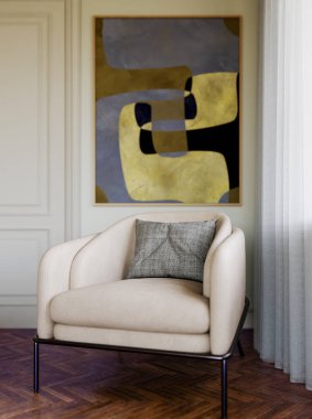 Büyük lüks, modern, parlak iç mekan. Oturma odası tasviri 3D canlandırma.