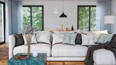 Büyük lüks, modern, parlak iç mekan. Oturma odası tasviri 3D canlandırma.