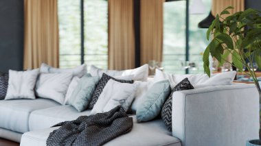 Büyük lüks, modern, parlak iç mekan. Oturma odası tasviri 3D canlandırma.