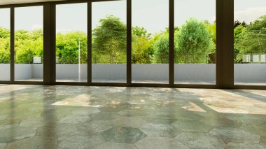 Büyük lüks, modern, parlak iç mekan. Oturma odası tasviri 3D canlandırma.